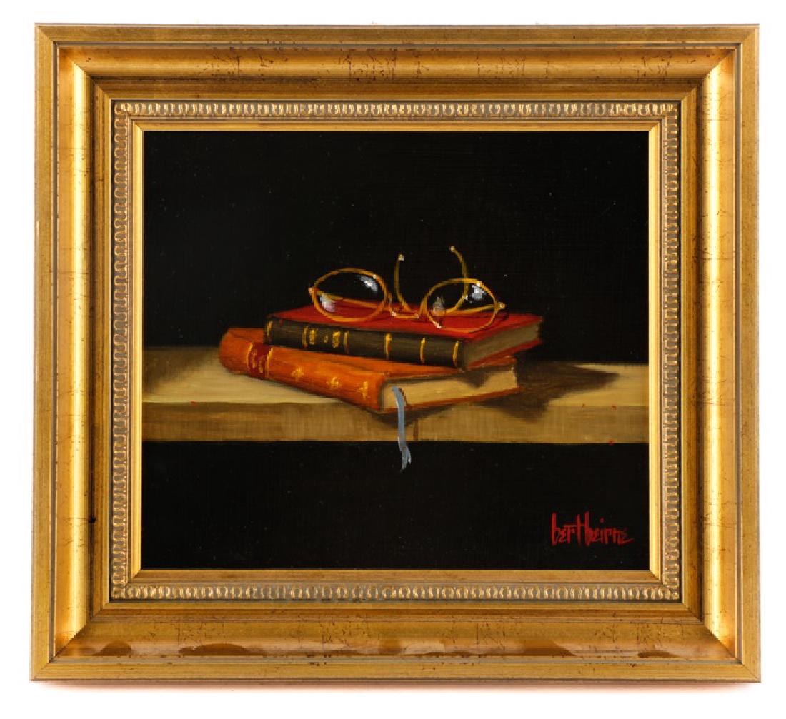 Bert Beirne, "Two Books + Glasses", Oil: Bert Beirne (American, 20th/ 21st century), "Two Books + Glasses", oil on panel, signed to lower right "Bert Beirne". Realist still life painting depicting two bound books, topped with eye glasses, wi