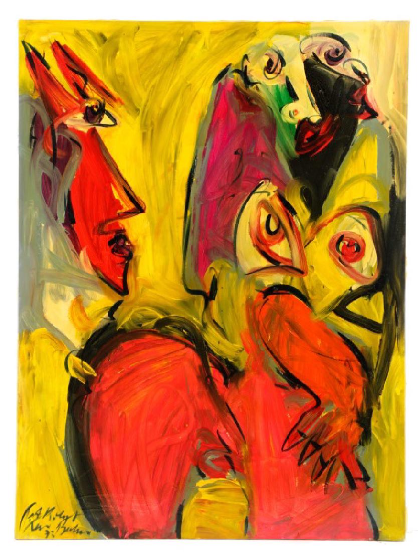 Peter Robert Keil, "Couple in Yellow"-1973: Peter Robert Keil (German (active United States), b. 1942-), "Couple in Yellow"-1973, oil on canvas, indistinctly signed and dated to lower left "Robert Keil 73 Berlin". Gesturally rendered figural ab