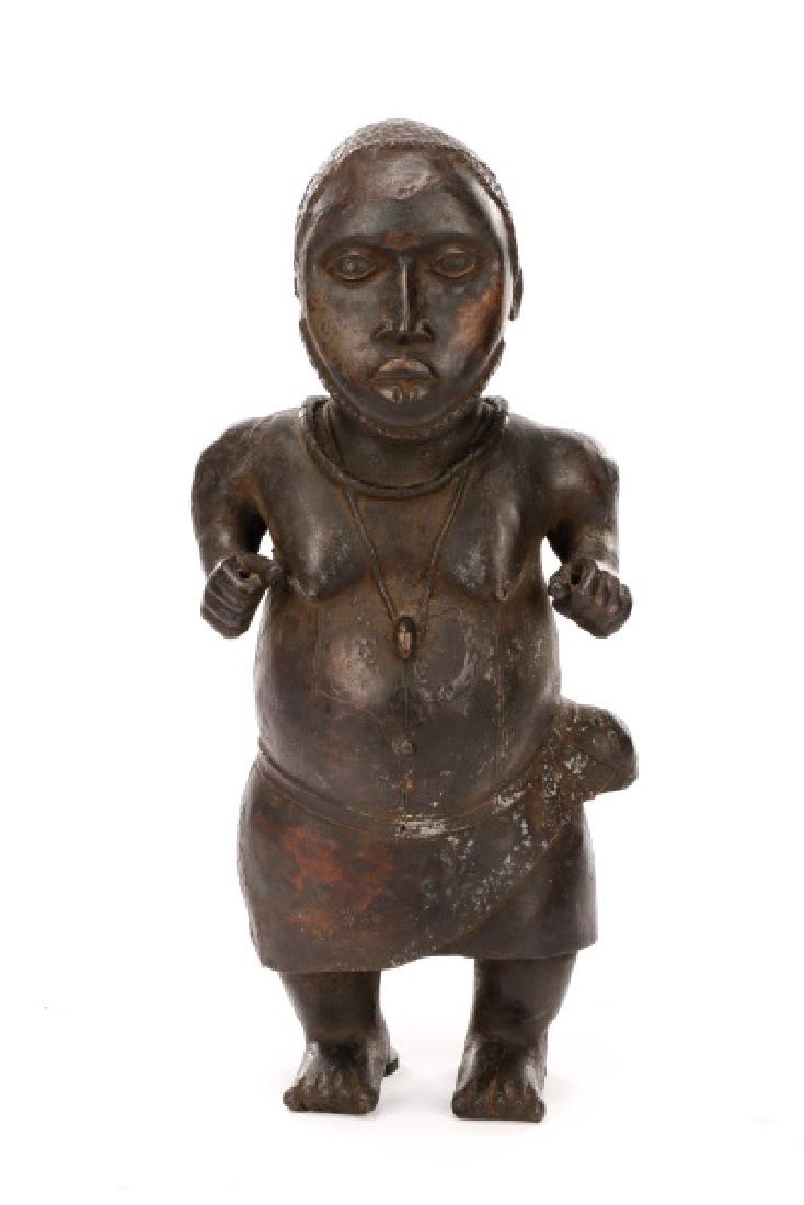 Benin Kingdom, Nigeria, "Court Dwarf", Bronze: Benin Kingdom, Nigeria. "Court Dwarf", bronze, apparently unmarked. Figural sculpture depicting a dwarf from the Edo court of Nigeria, with enlarged head, sunken chest and forehead and short arms and 