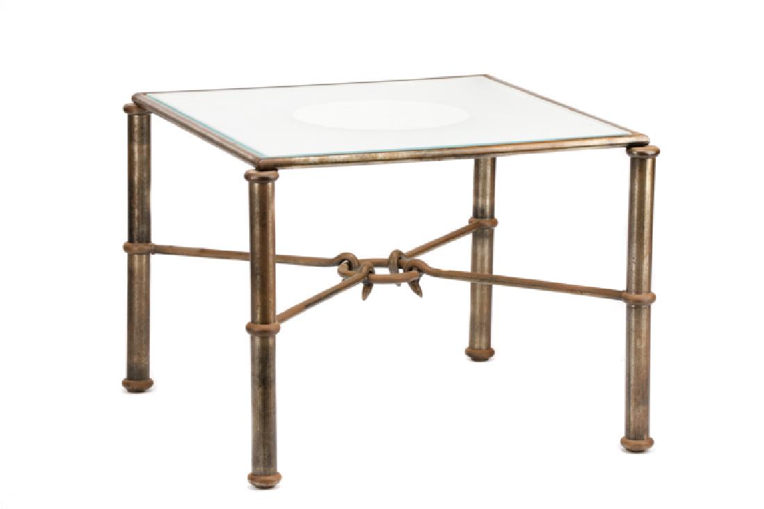 Jay Spectre Glass Top and Steel Side Table: Jay Spectre (American, 1929-1992), last half 20th century. A Hollywood Regency style side table, having a squared form, with a patinated steel base, on four banded legs with a hooked X-form and ring s