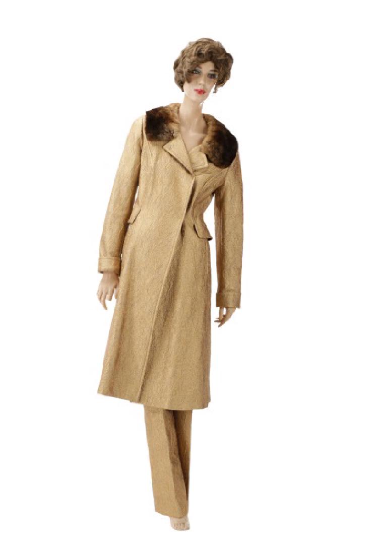 Alberta Ferretti Brocade, Fur Trim Coat and Pants: Alberta Ferretti (Italian, founded 1974). A double breasted brocade coat with fur collar, having two hidden pockets to exterior, with snap closure, interior with mahogany nylon lining, with accompanyi