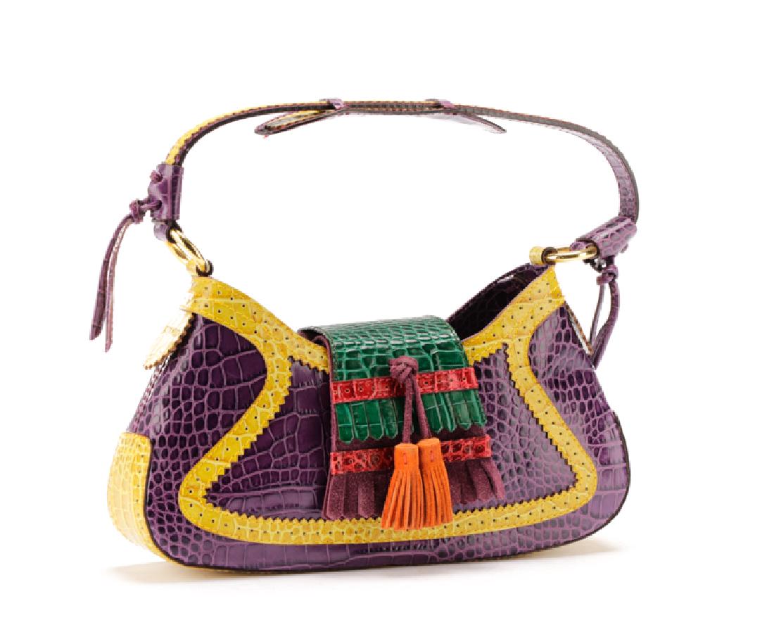 Etro Multicolored Crocodile Leather Shoulder Bag: Etro (Italian, founded 1968), contemporary. A patent crocodile leather shoulder bag with front flap magnetic closure having tassel adornment, gold-tone hardware, single patent crocodile leather should