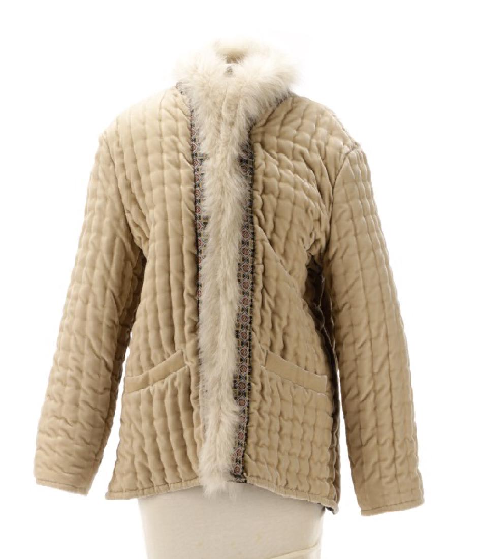 Etro Quilted Cream Velvet Coat w/ Fox Fur Trim: Etro (Italian, founded 1968), circa 1990s. A quilted cream silk velvet jacket, having floral patterned silk trim and fox fur to the placket and collar, with a black silk lining. Manufacturer's stitche