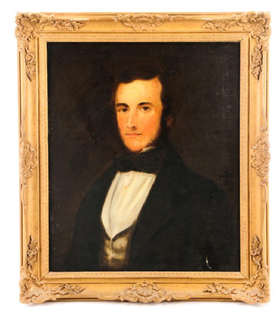 British School, "Gentleman in Dinner Jacket", Oil: British School, 19th century. "Untitled (Gentleman in Dinner Jacket)", oil on canvas, apparently unsigned. Figural bust length portrait painting depicting a man with dark hair and brown eyes, dressed 