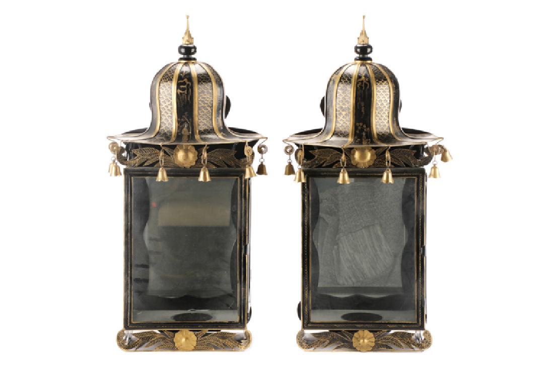 Pair, Black Tole Chinoiserie Pagoda Form Lanterns (1 of 8)