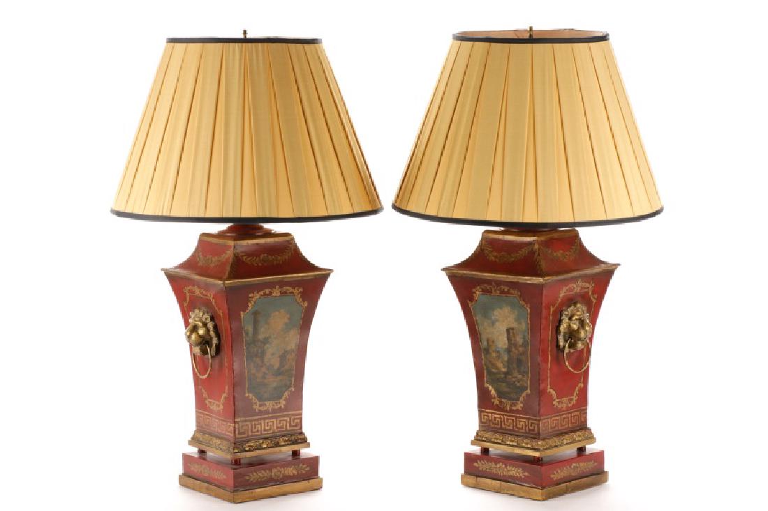 Pair, Neoclassical Style Red & Gold Tole Lamps (1 of 9)