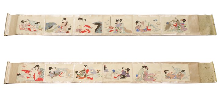 Pair of Japanese Erotic Shunga Hand Scrolls: Japanese, 20th century. A pair of hand painted on paper erotic Shunga emakimono (handscrolls) each comprising six horizontally aligned erotic scenes with green silk ends. Overall height approximately