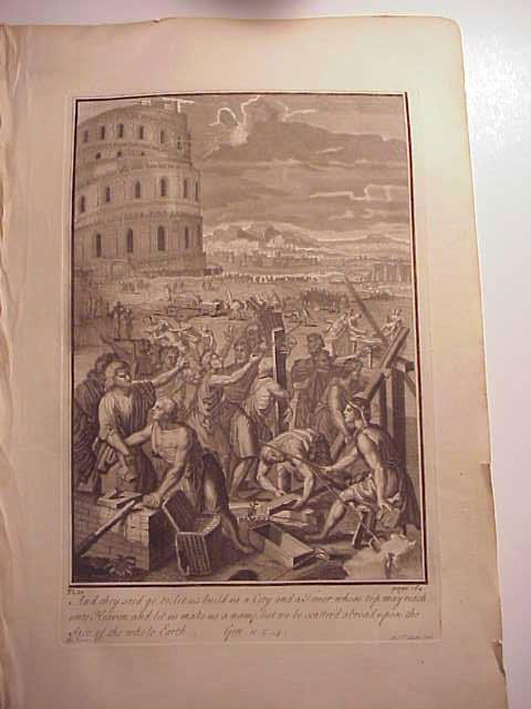 1760 Engraving Tower of Babel: C1760 Engraving by Guche of the building of the Tower of Babel, Fine, 9.5 x 14”.