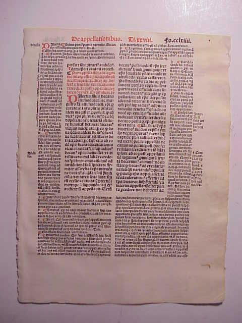 1516 Leaf Decretales of Pope Gregory IX: 1516 Leaf from the Decretales of Pope Gregory IX, Paris. On fine paper, in red and black. 6.5 x 8.5”, comes with color copy of Printer Thielman Kerver’s imprint.