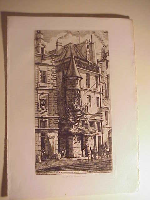 1851 Etching Charles Meryon: A fine etching of Charles Meryon (1821-1868) entitled "Tourelle Rue de la Tixeranderie demolie en 1851", measures 8.75 x 12".