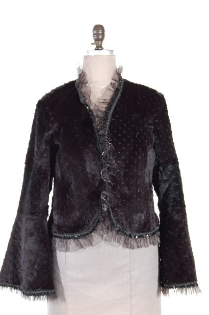 Day to Evening Oh so Feminine Black Sheared Rabbit: Day to Evening Oh so Feminine Black Sheared Rabbit Chanel Inspired Jacket with Ruffled Chiffon Trim and Black Sequins. Size Small. Retail price of $1,095!
