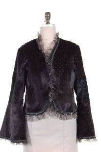 Day to Evening Oh so Feminine Black Sheared Rabbit: Day to Evening Oh so Feminine Black Sheared Rabbit Chanel Inspired Jacket with Ruffled Chiffon Trim and Black Sequins. Size Small. Retail price of $1,095!