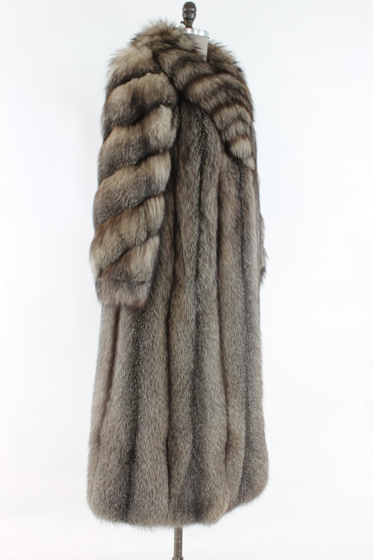 Gently Used Outstanding Indigo Fox Full Length Coat: Gently Used Outstanding Indigo Fox Full Length Coat with Large Shawl Collar and Diagonally Patterned Sleeves. Size Medium. Retail price of $1,100!
