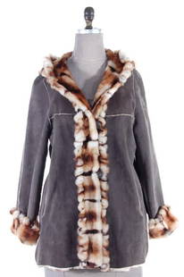 Italian Olivieri Designer Charcoal Grey Shearling Lamb: Italian Olivieri Designer Charcoal Grey Shearling Lamb Hooded Parka w/Animal Print Fleece Lining. Size Small. Retail price of $8,195!