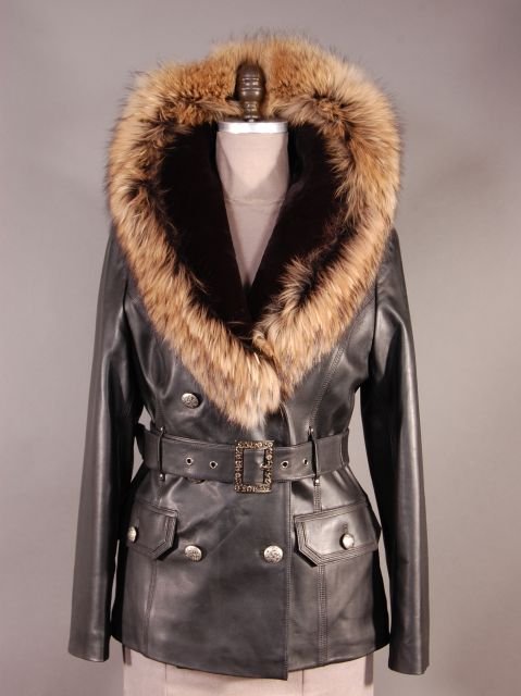 Stunning Double Breasted Belted Black Leather Jacket: Stunning Double Breasted Belted Black Leather Jacket with Black Fur Collar and Finn Raccoon Trim. Size Medium. Retail price of $895!