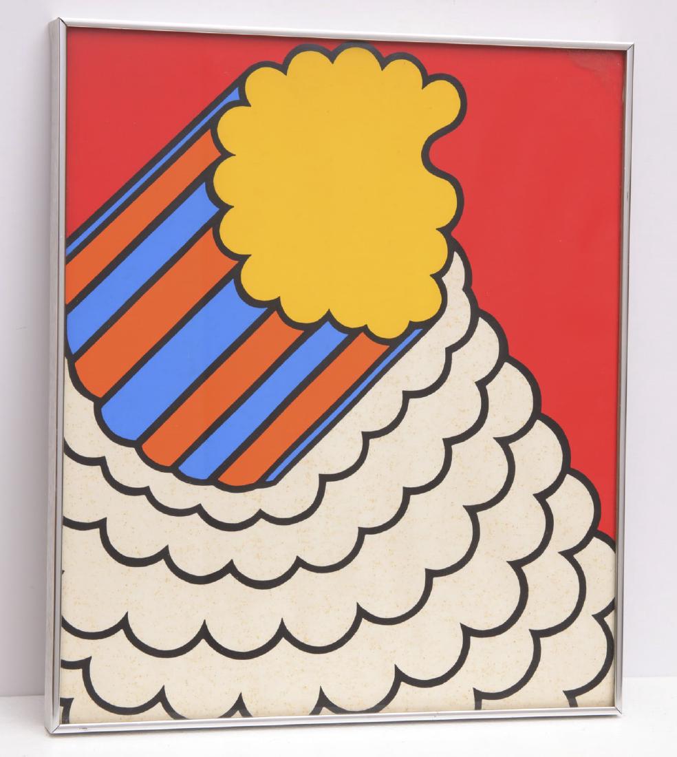 Nicholas Krusenick, color serigraph: Nicholas Krusenick, color serigraph, Nicholas Krusenick (American, 1929-1999), "White Smoke, Red Sky", color serigraph on paper, no visible signature, 15"h x 12.5"w (sight), 15.5"h x 13"w (with frame)