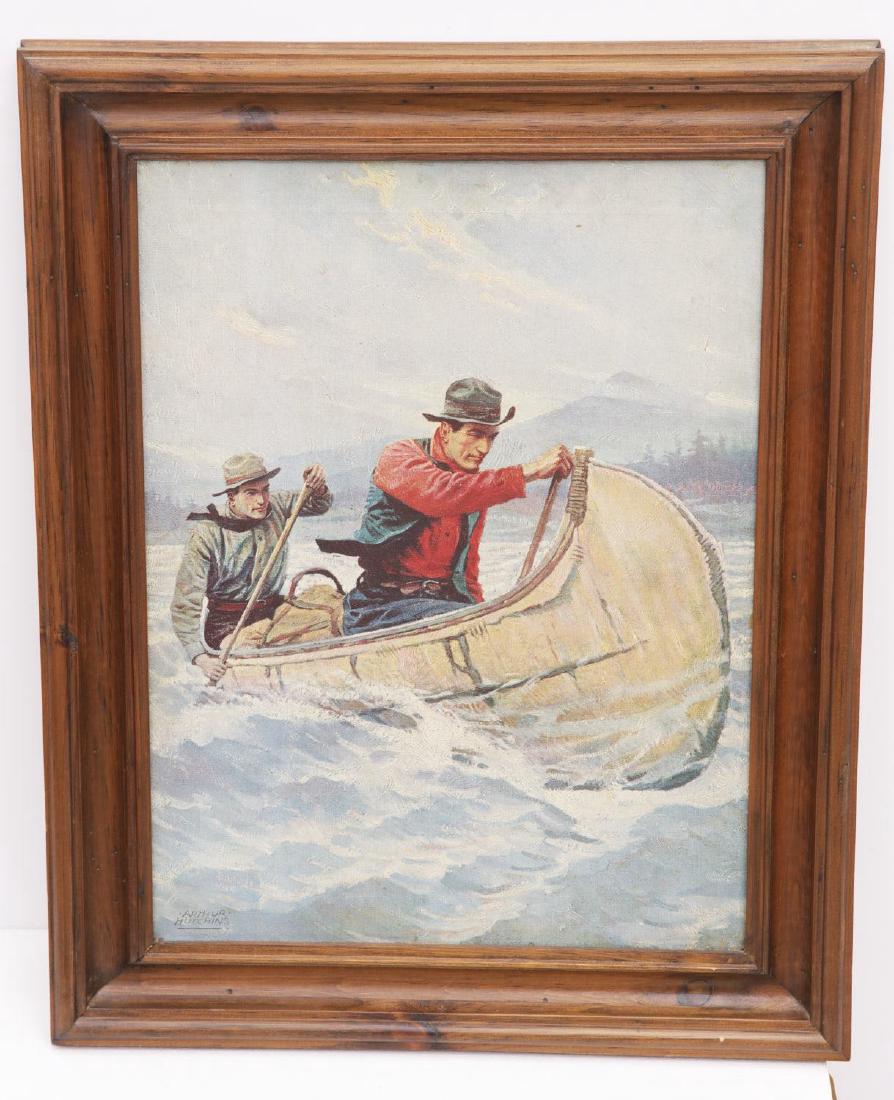 After Philip Goodwin, chromolithograph: After Philip Goodwin, chromolithograph, After Philip Goodwin (American, 1882-1935), Outdoorsmen, chromolithograph on canvas, signed in plate by publisher "Arthur Hutchens", 18"h x 13.5"w (sight), 23.5