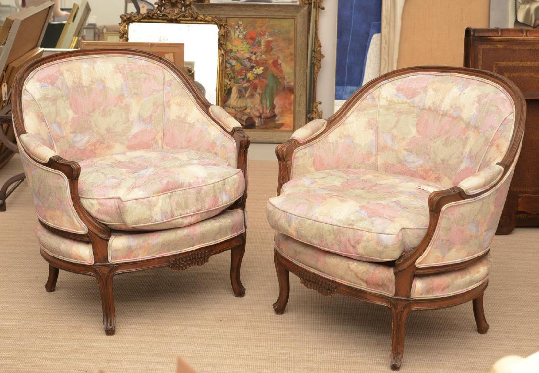 Pair Louis XV style bergeres: Pair Louis XV style bergeres, 20th c., padded arms, pastel upholstery, 34"h x 34"w x 29"d