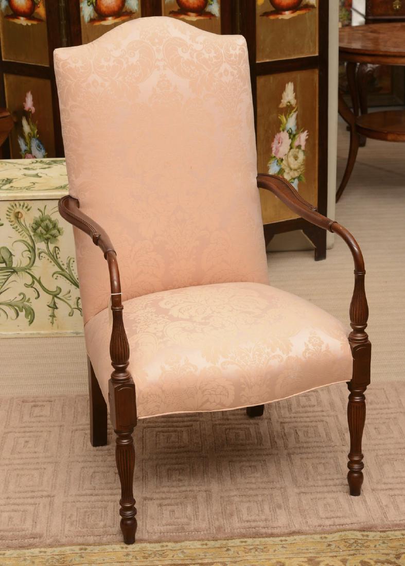 Southwood Martha Washington chair: Southwood Martha Washington chair, 21st c., reeded legs, pink damask, 44.5"h x 24"w x 25"d