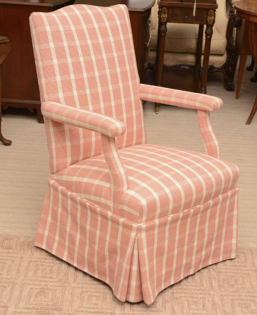 Pink plaid upholstered skirted armchair: Pink plaid upholstered skirted armchair, 20th c., unmarked, 31"h x 24"w x 30"d