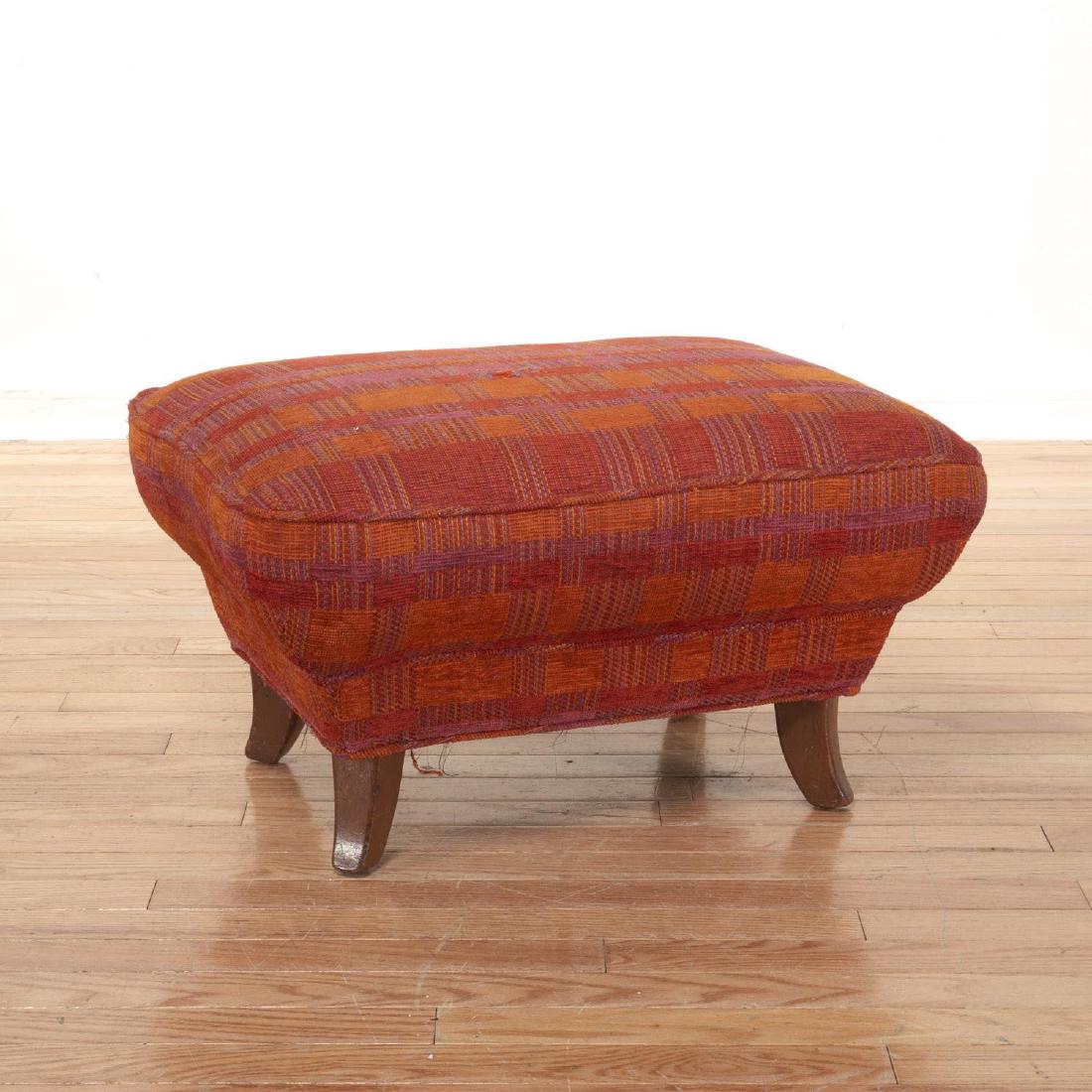 Ernest Schwadron stool: Ernest Schwadron stool, c. 1950's, inverse-tiered upholstered seat with sabered walnut legs, original woven upholstery possibly by Jack Lenor Larsen, 12"h x 24"l x 19"d
