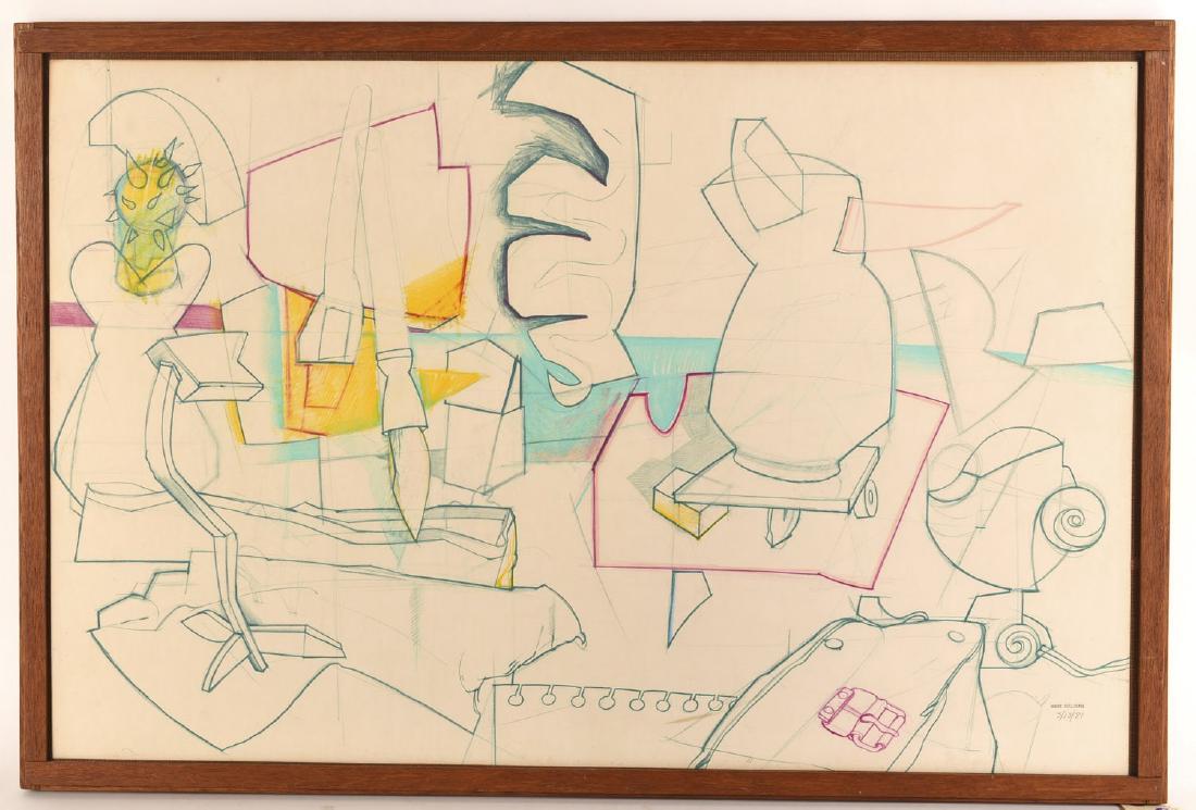 Mark Sullivan, drawing: Mark Sullivan, drawing, Mark Sullivan (American, 20th c.), "Tablescape; Color Track", colored pencil on paper, typewriter signature and pencil dated lower right "Mark Sullivan, 3/13/81", signed, title