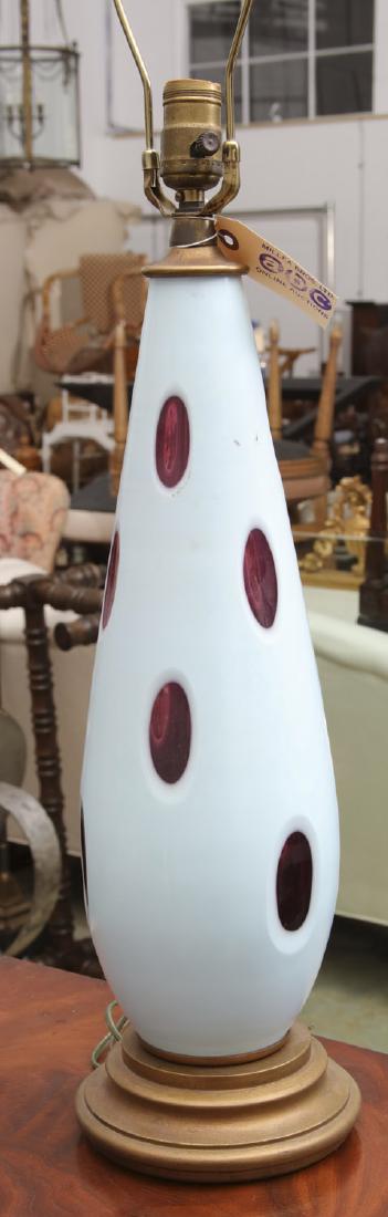 Mid-Mod cased amethyst glass table lamp: Mid-Mod cased amethyst glass table lamp, Mid 20th c., possibly Raymor, unmarked, 34"h