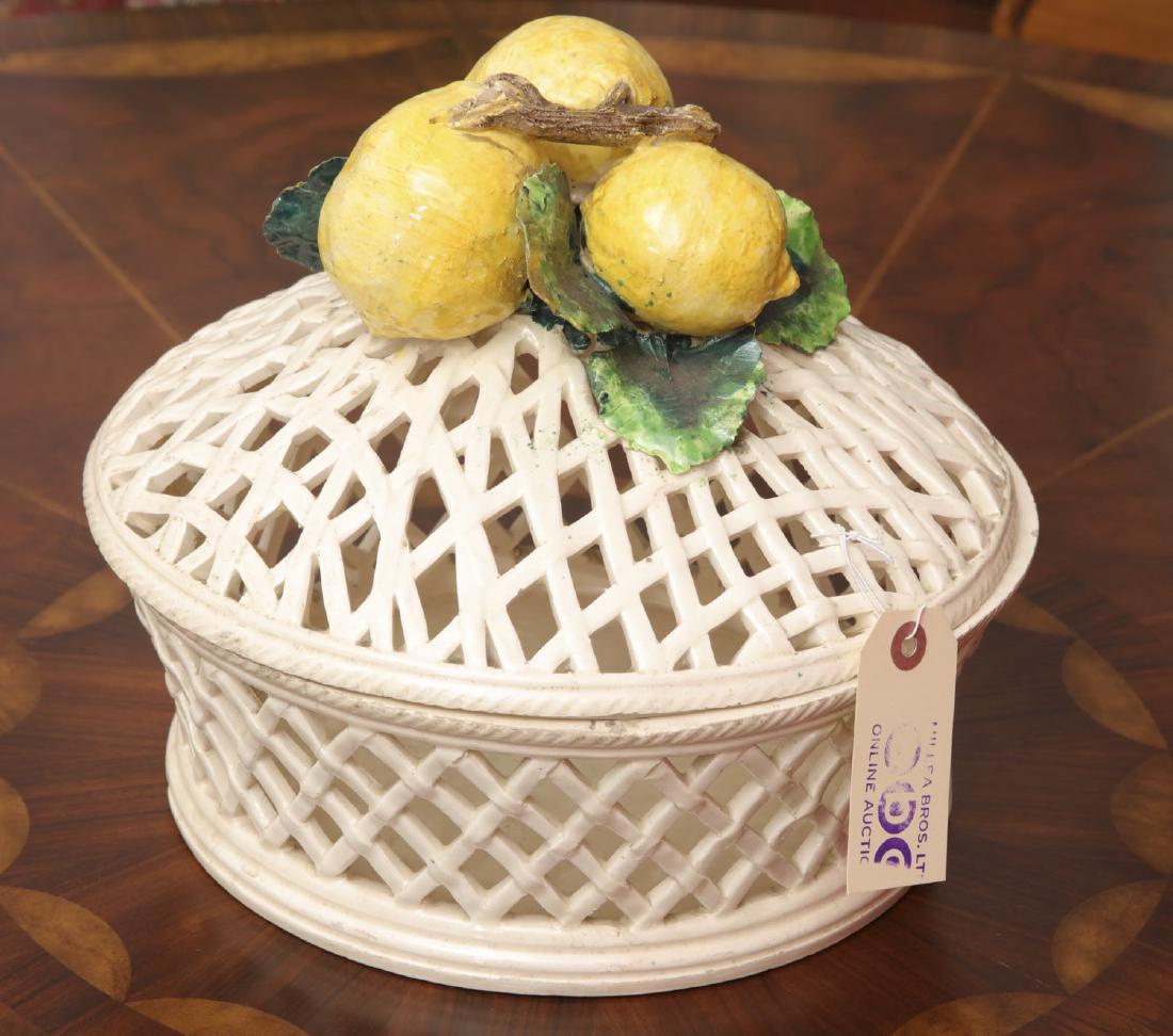 Italian glazed pottery lemon centerpiece: Italian glazed pottery lemon centerpiece, Mid 20th, 10.5"h x 11.5"dia.