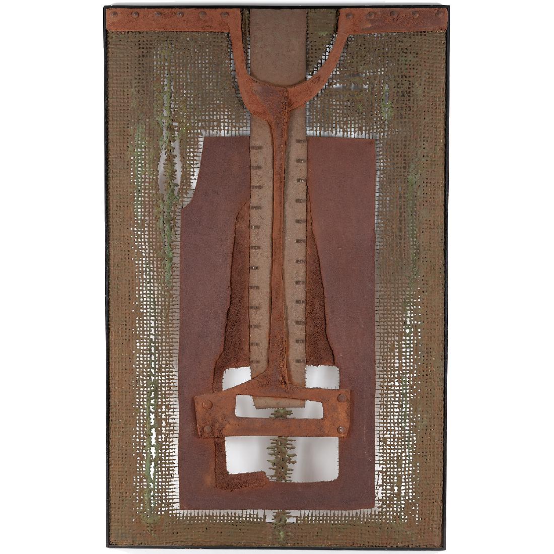 Salvador Soria, mixed media: Salvador Soria, mixed media, Salvador Soria (Spanish, b. 1913), "Integracion Sugerente", c.1964, welded steel and bronze wall-hanging sculpture, multiple exhibition labels verso, 64"h x 40"w Provenanc