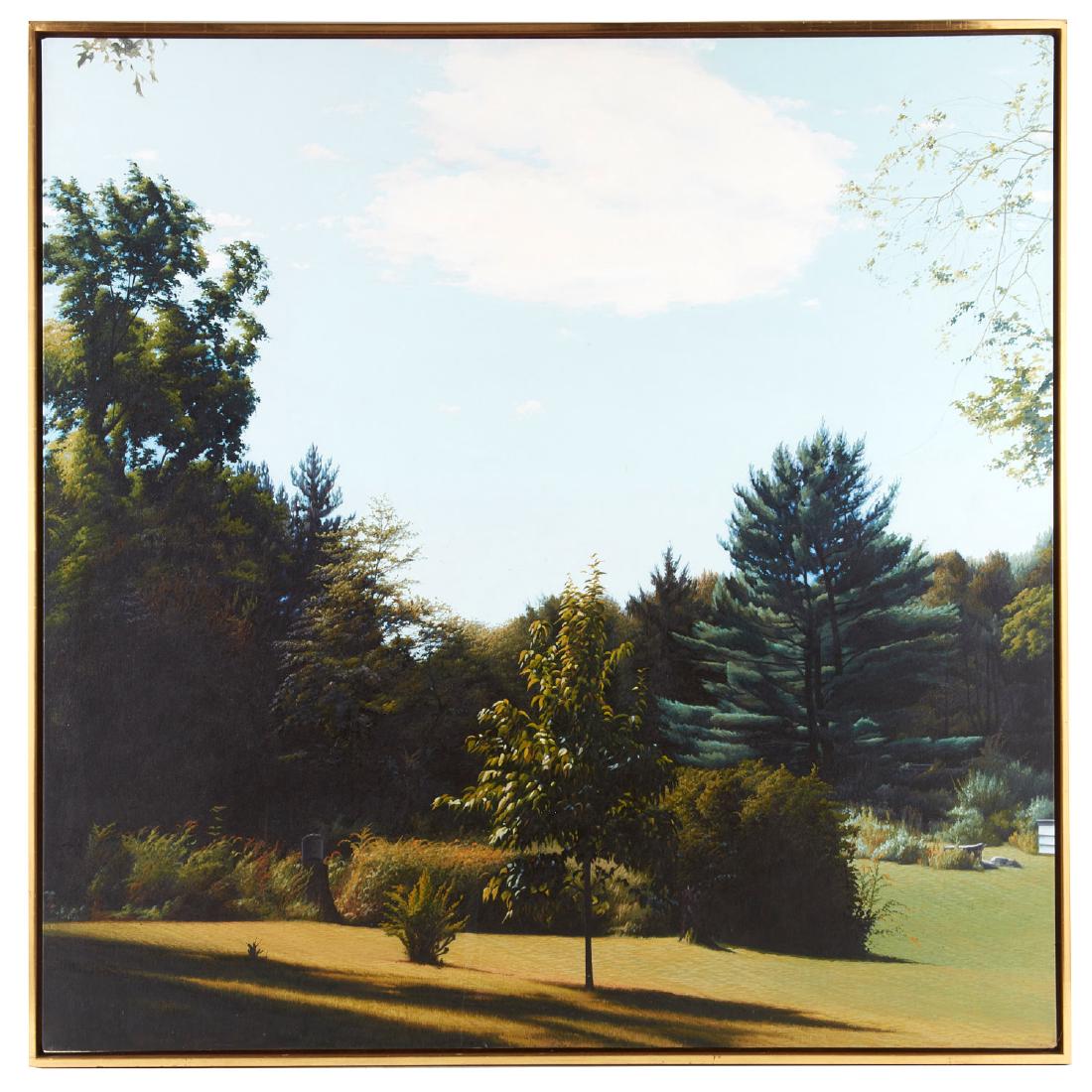 Sarah Supplee, painting: Sarah Supplee, painting, Sarah Supplee (American, 1941-1997), "Lincoln Yard Morning", 1982, signed lower left "Sarah Supplee", multiple gallery and collection labels verso, 54"squ. (sight), 56"squ. (f