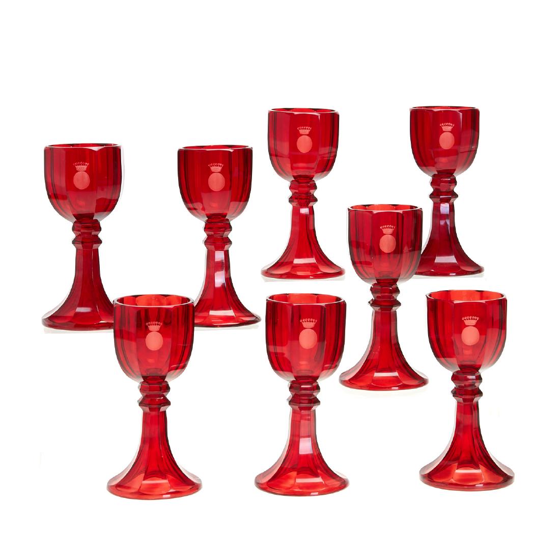 Set (8) Josef Hoffmann style ruby wine glasses: Set (8) Josef Hoffmann style ruby wine glasses, c. 1920s, Czechoslovakia, cut glass, etched crown and globe insignia, 6"h x 2.75"l x 2.5"w