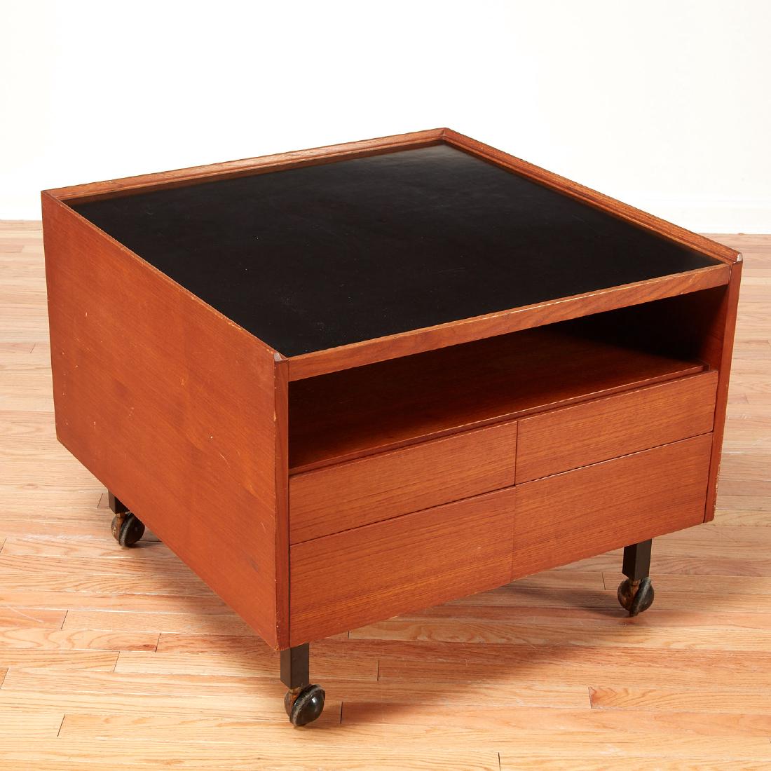 Arne Vodder teak dry bar table: Arne Vodder teak dry bar table, c. 1960, Denmark, cube occasional table with 4 drawers and recessed storage well, laminate surfaced top slides to reveal 3-tier storage area sized for bottles and glass