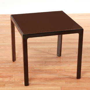 William "Billy" Haines occasional table: William "Billy" Haines occasional table, c. 1940s, American, two-tone painted wood table with stepped top on triangular legs, 20"h x 21.5"l x21.5"w Provenance: From the Haines designed estate of actre