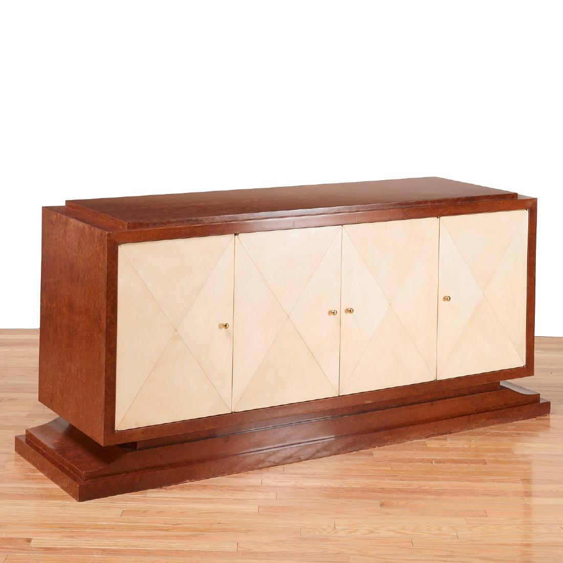 Jules Leleu style parchment fronted sideboard: Jules Leleu style parchment fronted sideboard, 21st c., American, made by Atelier Viollet, NY, signed, 31.5"h x 72"w x 21"d Provenance: Property removed from 733 Park Ave., NY