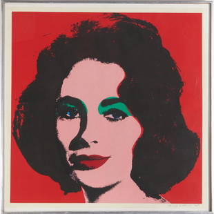 Andy Warhol, print: Andy Warhol, print, Andy Warhol (American, 1928-1987), Portrait of Elizabeth Taylor, 1965, color screen print, bears ball point signature and date lower right, 21.5"squ. (image), 23"squ. (framed) Prov