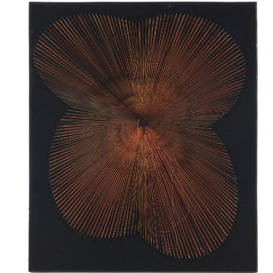 Christian Tobas, wall sculpture: Christian Tobas, wall sculpture, Christian Tobas (Italian, b. 1944), "Pleur Optique", 1966, thread nails and felt on board, signed verso "Tobas", gallery label verso, 26"h x 22"w (slit frame) Provenan