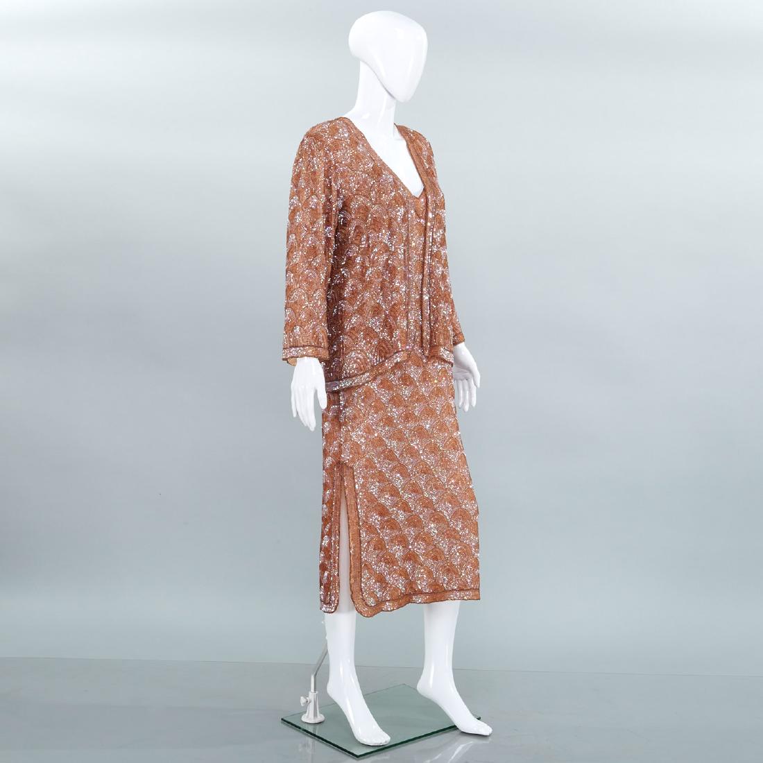 Jenny Lewis for Harrods beaded gown with jacket: Jenny Lewis for Harrods beaded gown with jacket, 1980's, bronze silk slip dress with allover sequins, 15" side slit, 33.5"b, 27"w, 39"l (from back), 34"b, 16"sh, 22" sl Provenance: From a New Canaan, 