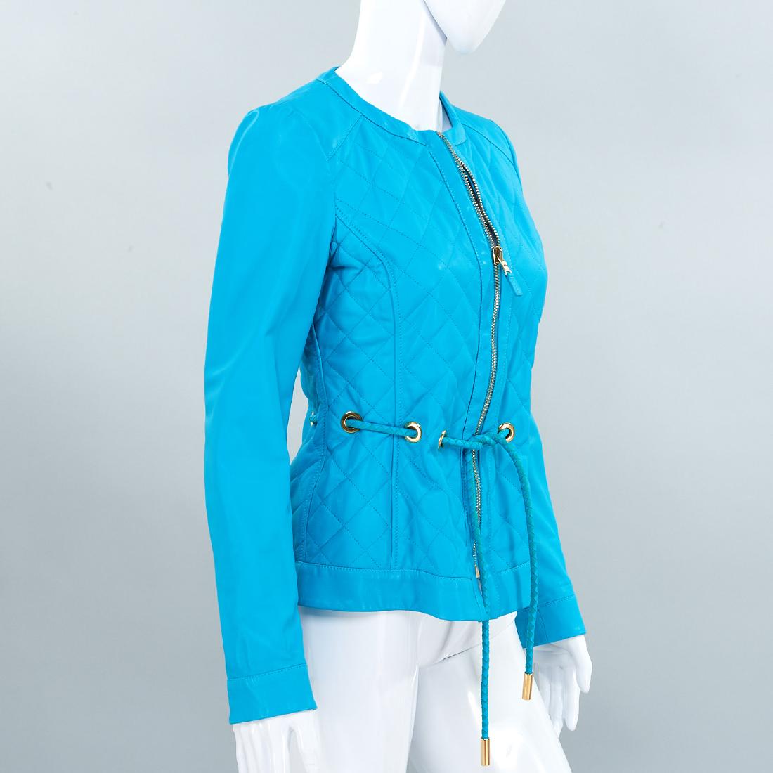 Etro Milano turquoise lambskin jacket: Etro Milano turquoise lambskin jacket, Early 2000's, zip front with drawstring waist, jewel neckline, gold hardware, quilting detail, print silk lining, size 40 (US 6), 34"b, 28"w, 15"sh, 24"sl, 22.5"