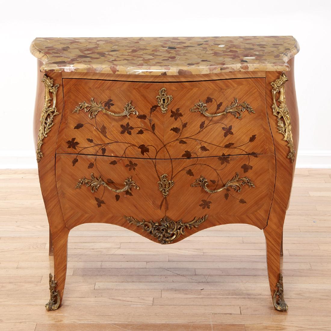 Louis XV style marble top marquetry commode: Louis XV style marble top marquetry commode, 19th c., France, stamped "Marcel Debord?", bombe case with gilt bronze mounts, 34.5"h x 39.5"w x 19.25"d Provenance: Pierre du Marais, Paris
