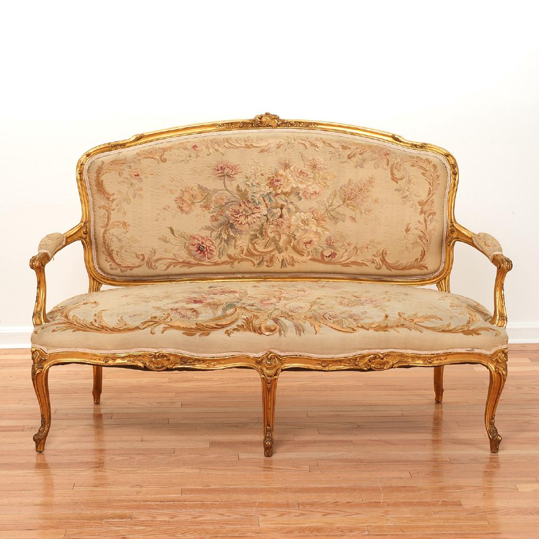 Louis XV style carved giltwood Aubusson settee (1 of 8)