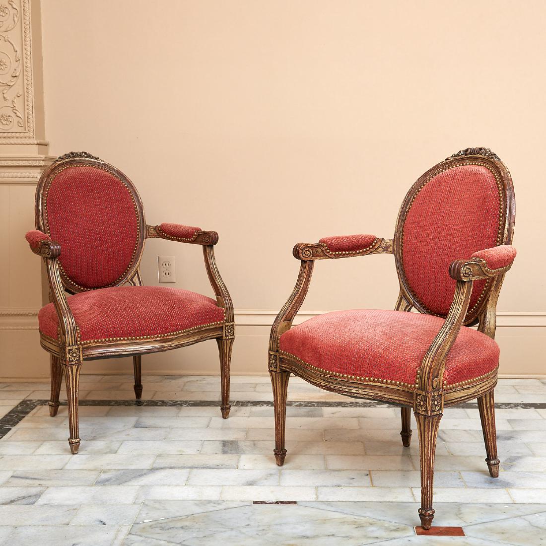 Pair Louis XVI style gray painted fauteuils (1 of 7)