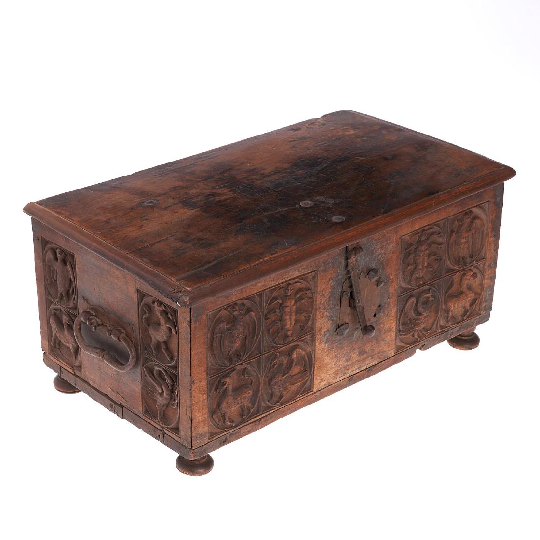 Early Continental carved walnut table top casket (1 of 8)