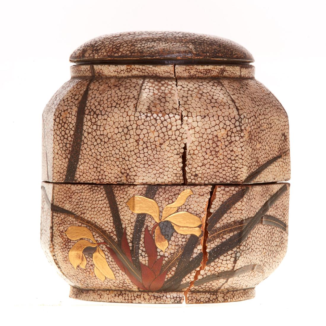 Japanese lacquered shagreen Jubako: Japanese lacquered shagreen Jubako, Meiji period, inlaid with bronze, copper and gilt decoration and black lacquer interiors, 4.5"h x 4.75"w x 4.5"d Provenance: The Collection of Garrick Stephenson, N