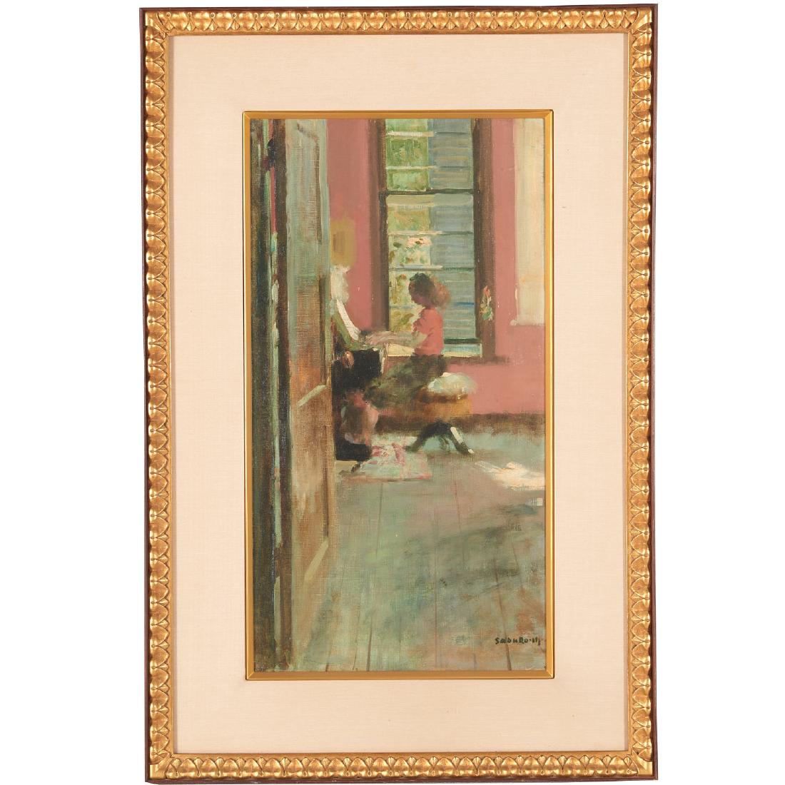 Saburo Miyamoto, painting: Saburo Miyamoto, painting, Saburo Miyamoto, (Japanese, 1905-1974), Woman Playing the Piano, oil on canvas, signed lower right "Sabu Miyamoto" and in Japanese on frame verso, 21.5"h x 11.5"w (sight), 3