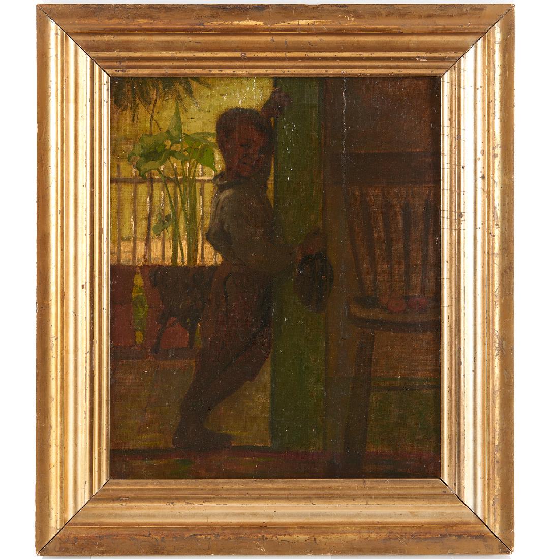 Gilbert Gaul, painting: Gilbert Gaul, painting, Gilbert Gaul (Tennessee/New York, 1855-1919), Boy in a Doorway, 1880, oil on canvas on panel, signed and dated "Gilbert Gaul - 1880?", lower right, 11.5"h x 9.5"w (sight), 15.5