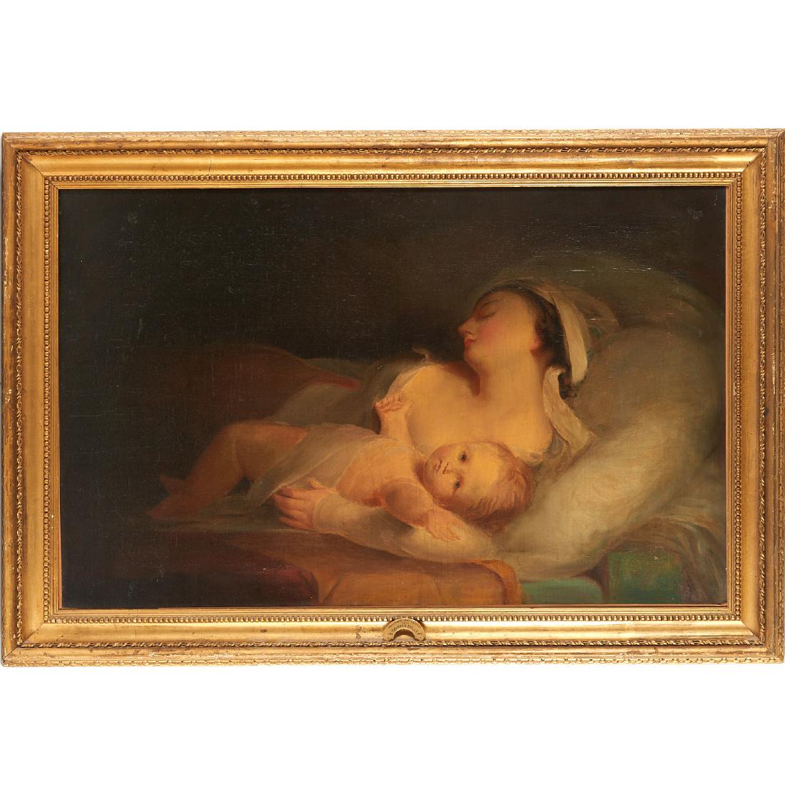 Attributed to Thomas Sully, painting: Attributed to Thomas Sully, painting, Attributed to Thomas Sully (American, 1783-1872), "Mother and Child", 1827, oil on canvas, no signature visible, 27.5"h x 43.5"w (sight), 34.5"h x 51"w (framed) P