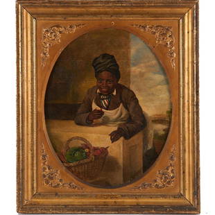 Andrew John Henry Way, painting: Andrew John Henry Way, painting, Andrew John Henry Way (American, 1826-1888), "Baltimore Fruit Vendor", oil on canvas, signed "A.J.H.W.", lower right, old paper inventory label and auction catalog cli