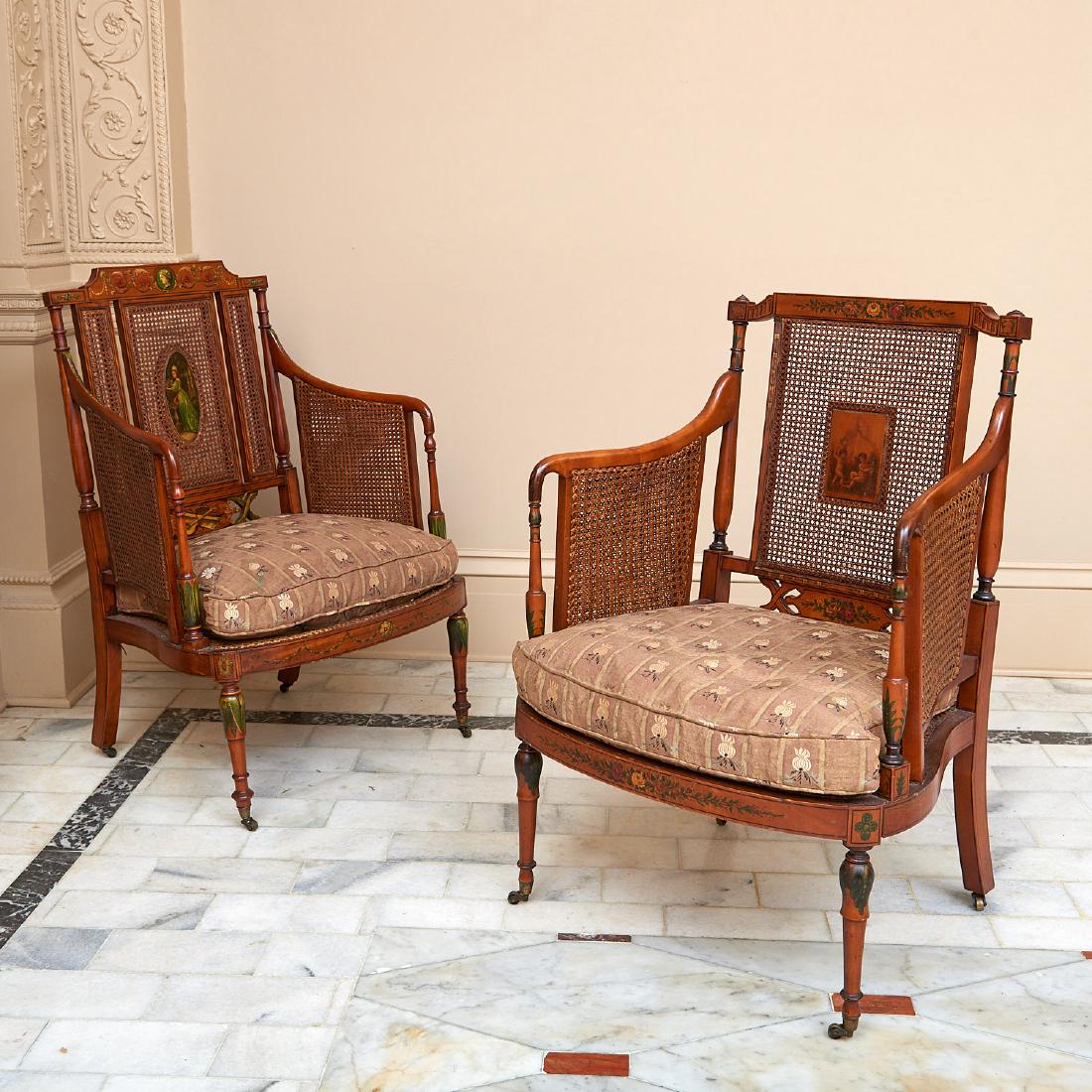Nice pair Edwardian painted satinwood bergeres (1 of 10)