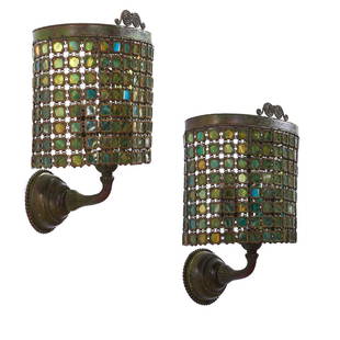 Pair Tiffany Studios (attrib.) bronze wall sconces: Pair Tiffany Studios (attrib.) bronze wall sconces, c. 1910, American, attributed to L.C. Tiffany, bronze-framed Favrile glass tile chainmail shade suspended over patinated bronze fittings, unsigned,