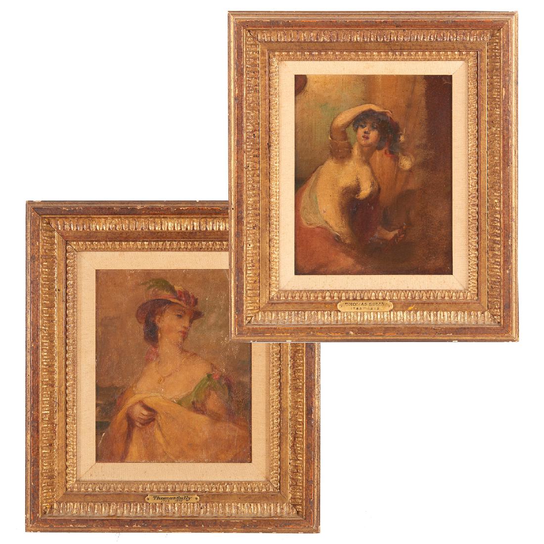 Thomas Sully, (2) paintings: Thomas Sully, (2) paintings, Thomas Sully (American, 1783-1872), "Girl Holding a Red Ribbon in her Hand" and "Lady with a Bow and Feather in her Hat", pair oils on canvas, no signature visible, with t